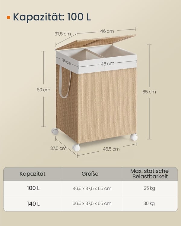 Vasketøjskurv med 2 rum, 100 l, rottinglook, naturbeige mat hvid