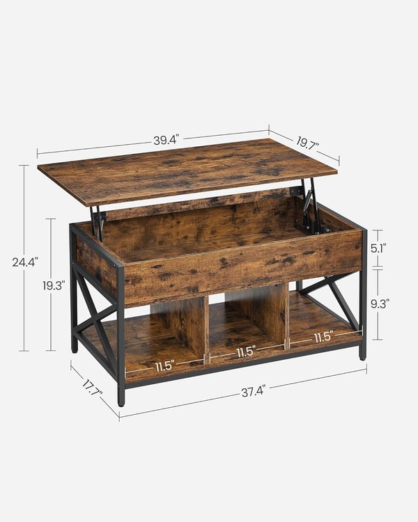 Sofabord med løftefunktion og opbevaringshylde, 49,7 x 91,6 x (49,3-61,6) cm, rustik brun og sort