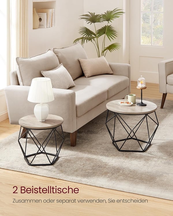 Rundt sofabord, sæt med 2, stuebord, sidebord, grå-sort