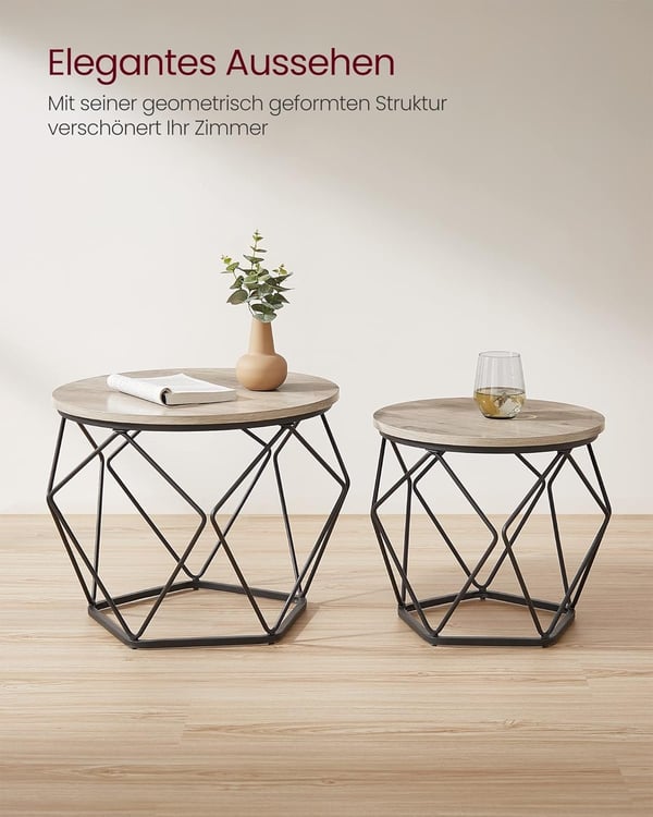 Rundt sofabord, sæt med 2, stuebord, sidebord, grå-sort