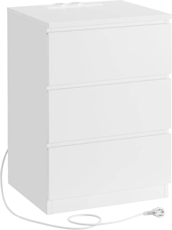Nattduksbord, Sidobord, 3 lådor, 2 nätuttag, 2 USB-portar, Cloud White