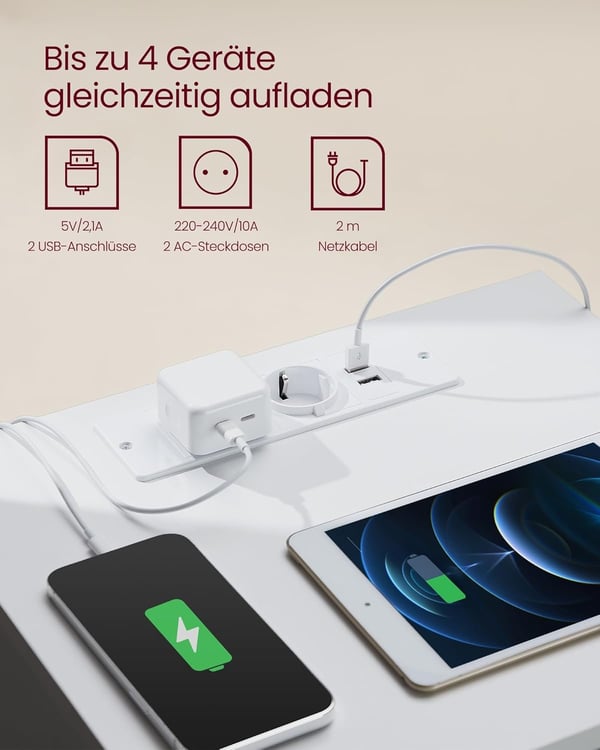 Natbord, Sidebord, 3 skuffer, 2 stikkontakter, 2 USB-porte, Cloud White