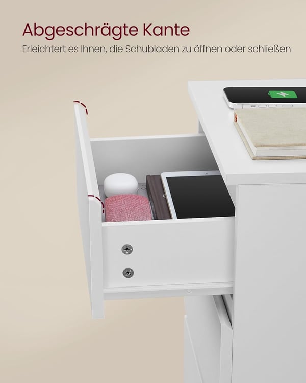 Natbord, Sidebord, 3 skuffer, 2 stikkontakter, 2 USB-porte, Cloud White
