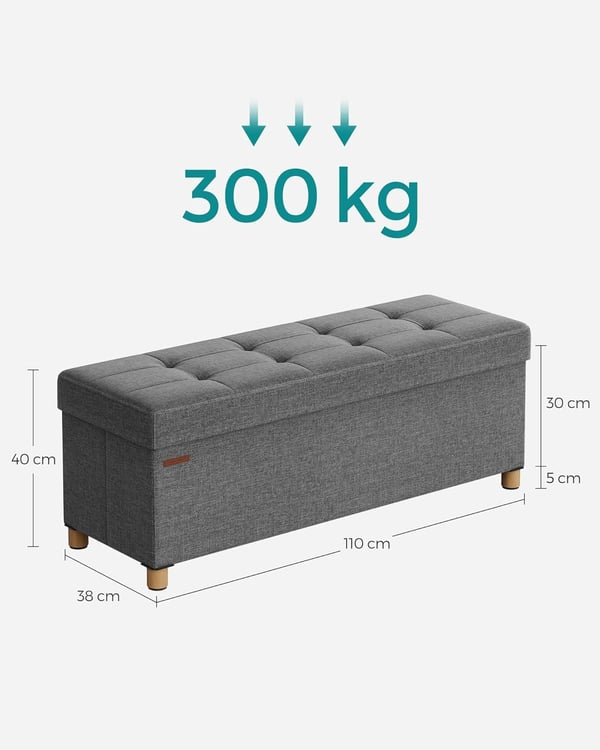 Opbevaringsskammel, foldbar puf, fodstøtte, 38 x 110 x 40 cm, med opbevaring, skifergrå