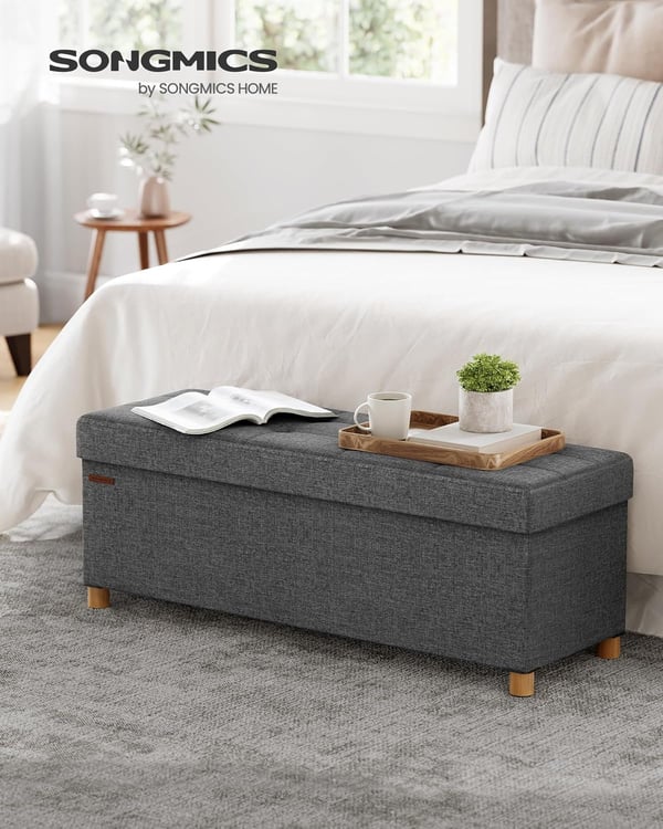 Opbevaringsskammel, foldbar puf, fodstøtte, 38 x 110 x 40 cm, med opbevaring, skifergrå