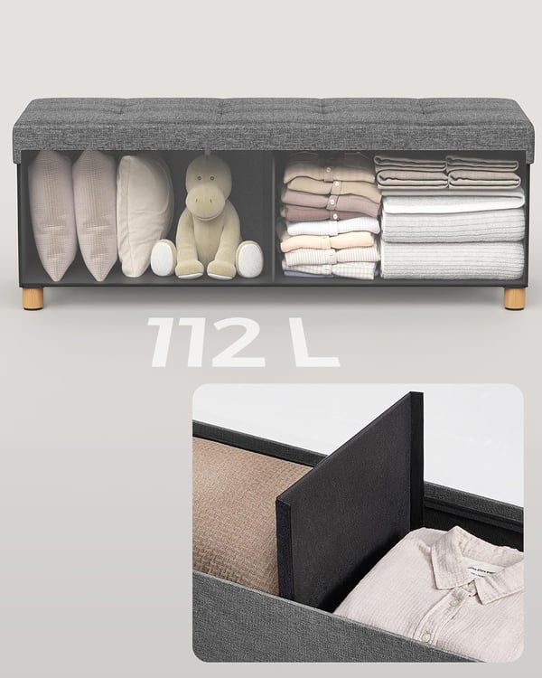 Opbevaringsskammel, foldbar puf, fodstøtte, 38 x 110 x 40 cm, med opbevaring, skifergrå