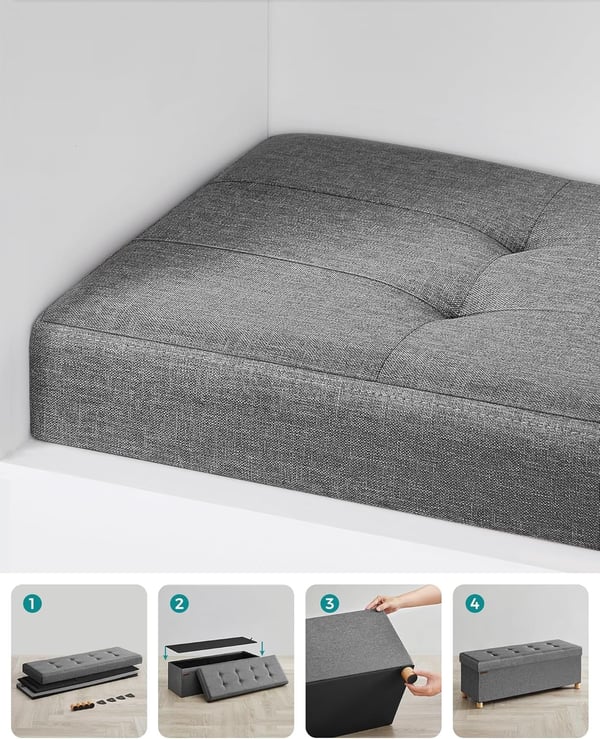 Opbevaringsskammel, foldbar puf, fodstøtte, 38 x 110 x 40 cm, med opbevaring, skifergrå