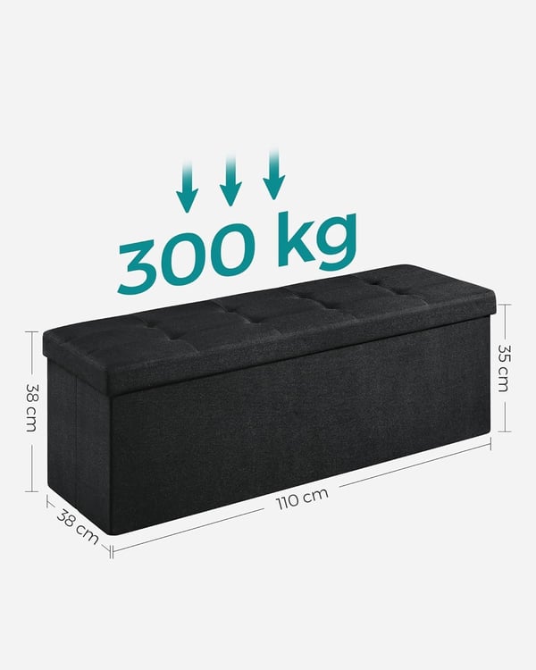 Skammel med opbevaringsplads, foldbar bænk, 38 x 110 x 38 cm fodskammel, opbevaringsboks, blæksort