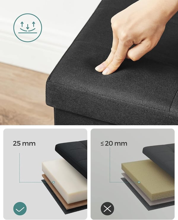 Skammel med opbevaringsplads, foldbar bænk, 38 x 110 x 38 cm fodskammel, opbevaringsboks, blæksort