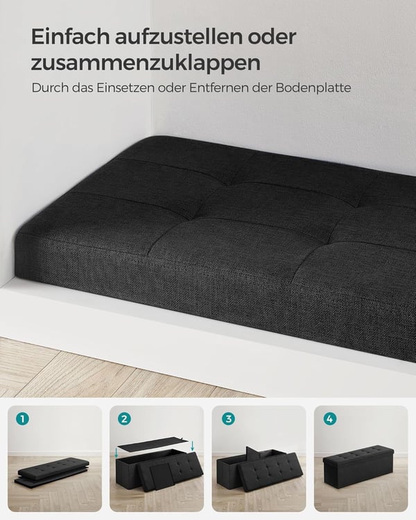 Skammel med opbevaringsplads, foldbar bænk, 38 x 110 x 38 cm fodskammel, opbevaringsboks, blæksort