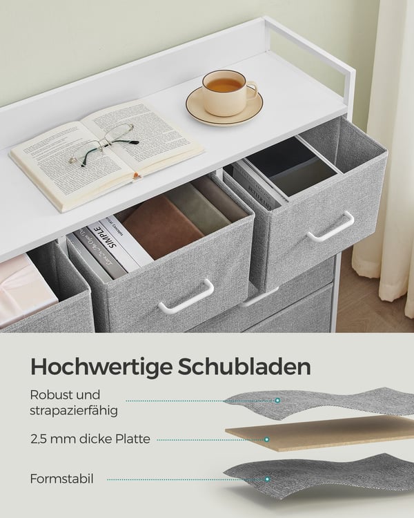 Kommode, Soveværelsesskab, 7 stofskuffer med håndtag, metalramme, Dove Grey og Cloud White