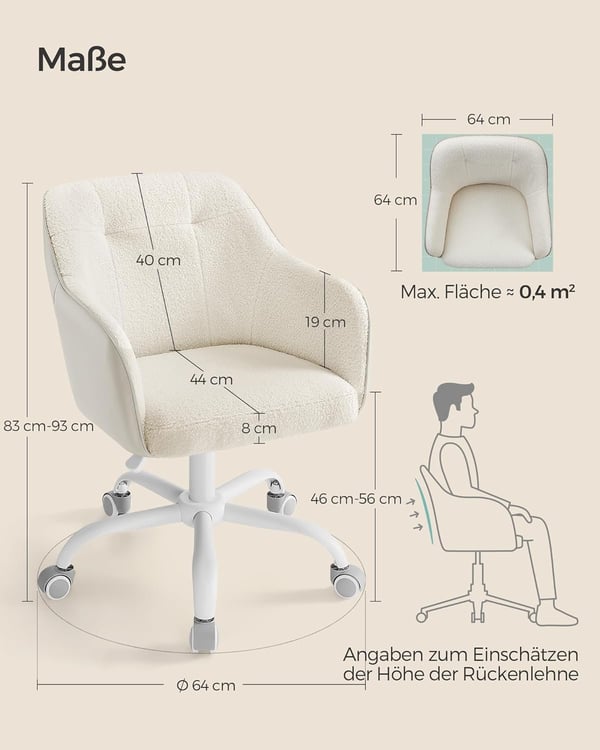 Kontorstol med drejefunktion, skrivebordsstol med højdejusterbar kapacitet op til 110 kg, Cappuccino Beige