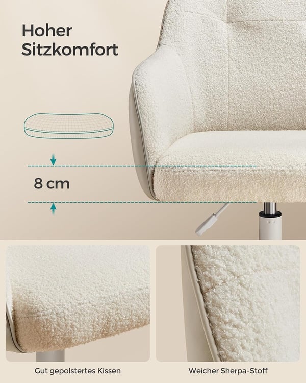 Kontorstol med drejefunktion, skrivebordsstol med højdejusterbar kapacitet op til 110 kg, Cappuccino Beige