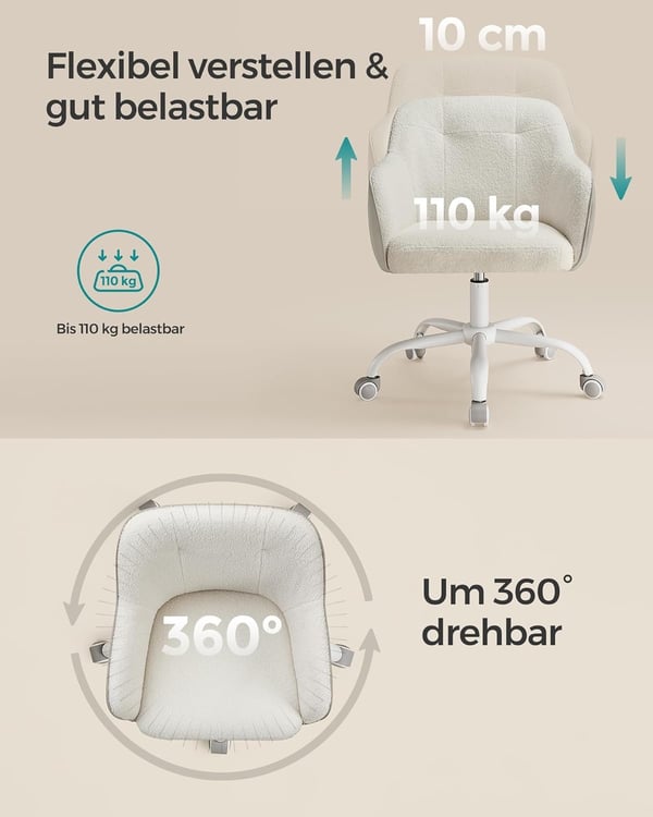 Kontorstol med drejefunktion, skrivebordsstol med højdejusterbar kapacitet op til 110 kg, Cappuccino Beige