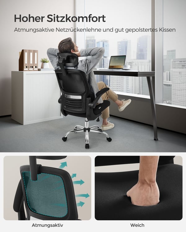 Kontorstol, skrivebordsstol, ergonomisk, foldbare armlæn, høj ryglæn, blæksort