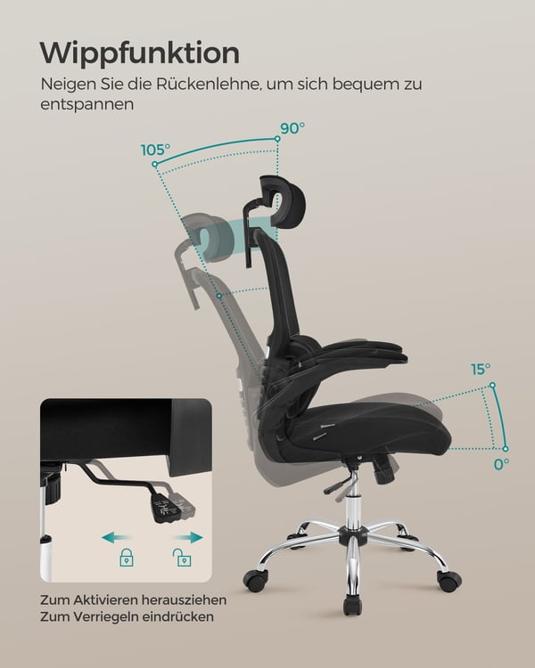 Kontorstol, skrivebordsstol, ergonomisk, foldbare armlæn, høj ryglæn, blæksort