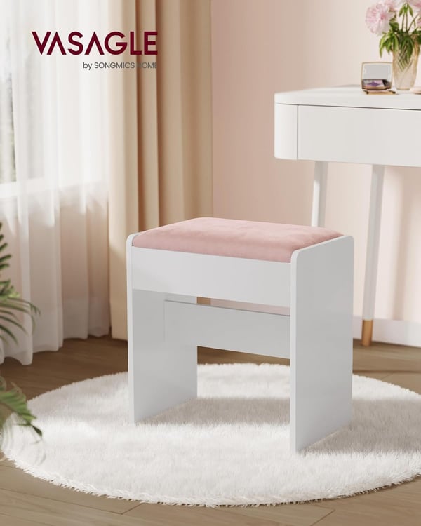 Toiletbordsskammel Polstret Fløjl, Makeupskammel, Mat Hvid Pastelrosa