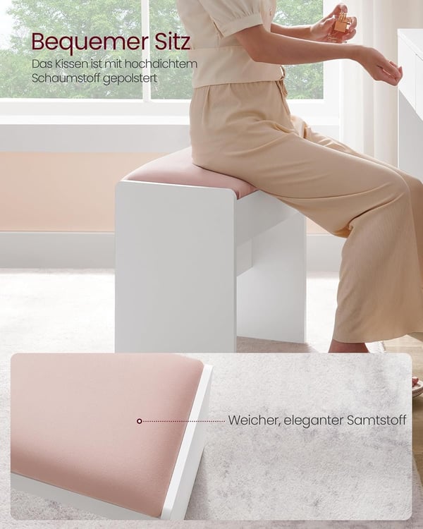Toiletbordsskammel Polstret Fløjl, Makeupskammel, Mat Hvid Pastelrosa