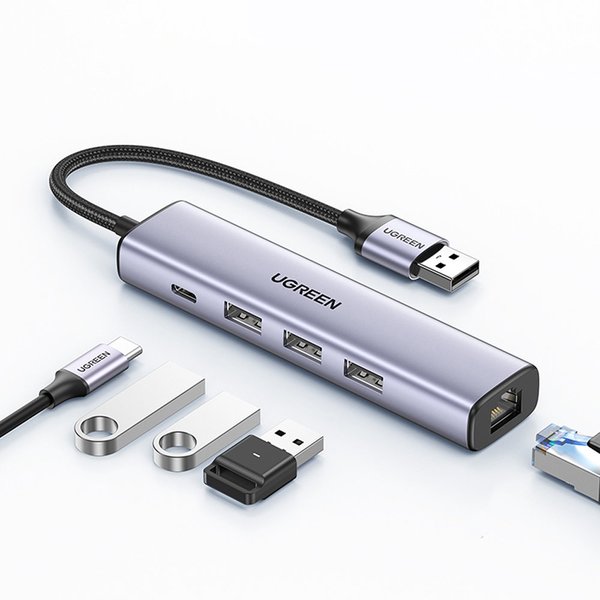 Multifunktionel HUB adapter splitter USB 3.0 - 3x USB Ethernet RJ-45 USB-C PD grå