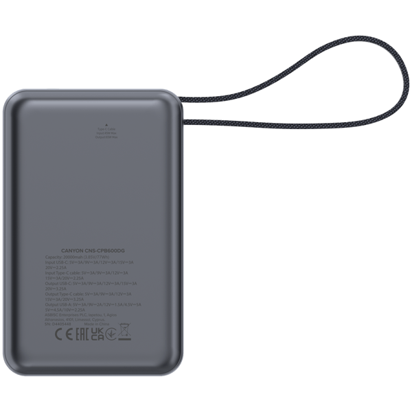 CANYON Powerbank OnPower 600 med kabel 20000 mAh PD65W Grafit