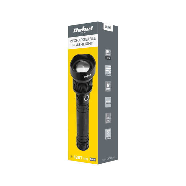 Alumiininen LED-taskulamppu 1857lm 20W Rebel ZOOM 800m USB-C IP65 voimakas ja kirkas