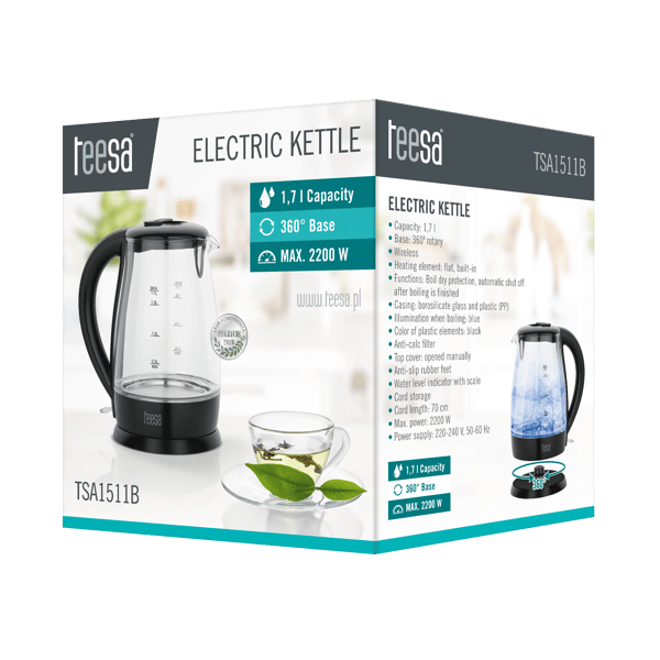 Elektrisk trådløs glaskedel sort 2200W 1,7L Teesa