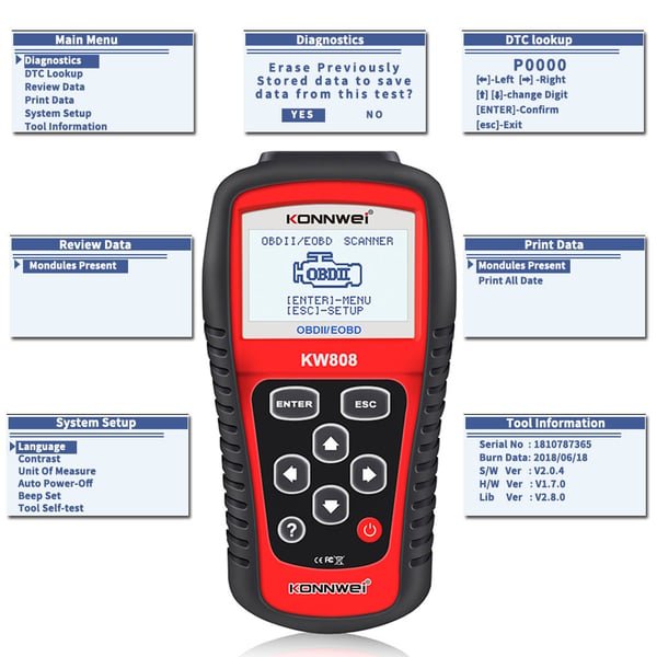Batteridiagnose-tester OBD2-scanner Konnwei KW808