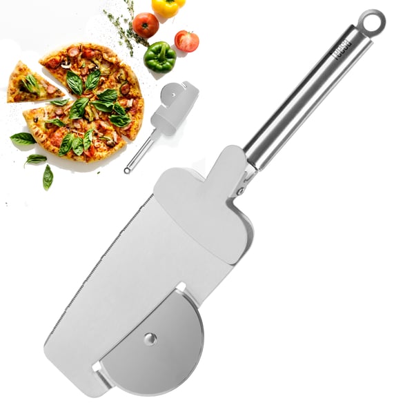 Pizzakniv med skärskiva med skär tänder för kanter och spatel med klammer Teesa