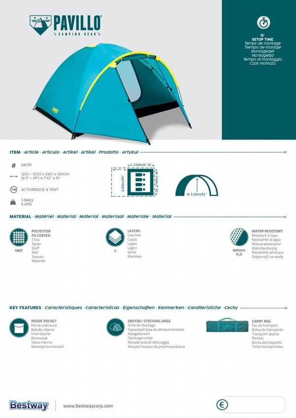 Pavillo Activeridge 4 teltta (210 + 100 cm) x 240 x 130 cm