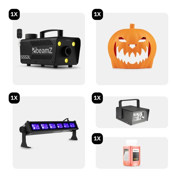 BeamZ Halloween dekoration med rökmaskin festset - Med klickbar pumpa - UV LED bar, stroboskop och ljuseffekter