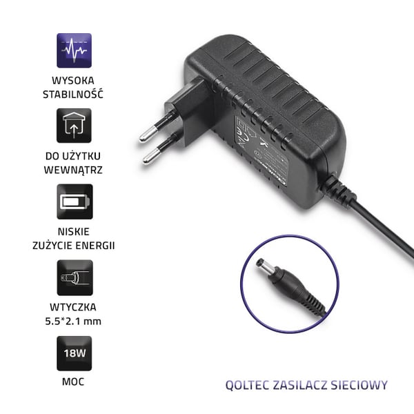 Qoltec Pistokevirtalähde 18W | 9V | 2A | 5.5*2.1