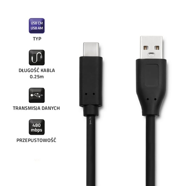 Qoltec USB 3.1 Type-C hankabel og USB 2.0 A hankabel 0,25 m