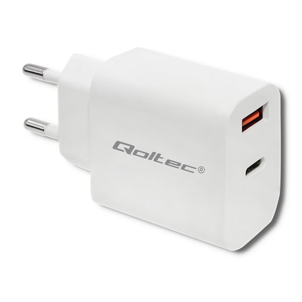 Qoltec Seinälaturi 18W | 5-12V | 1.5-3A | USB Tyyppi C PD | USB QC 3.0 | Valkoinen
