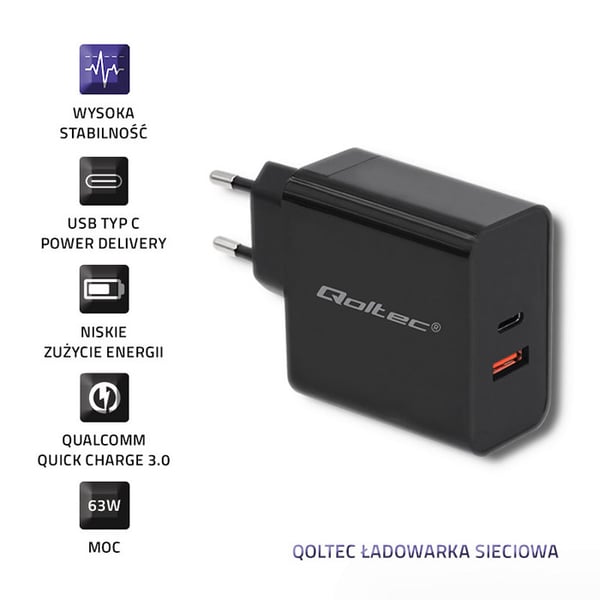 Qoltec Seinälaturi 63W | 5-20V | 1.5-3A | USB Tyyppi C PD | USB QC 3.0 | Musta