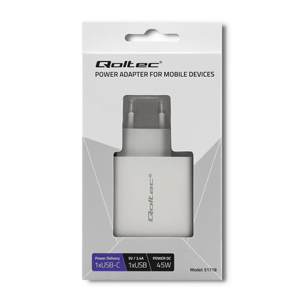 Qoltec Seinälaturi 45W | 5-20V | 2,4-3A | USB Tyyppi C PD | USB | Valkoinen
