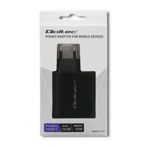Qoltec Seinälaturi 63W | 5-20V | 1.5-3A | USB Tyyppi C PD | USB QC 3.0 | Musta