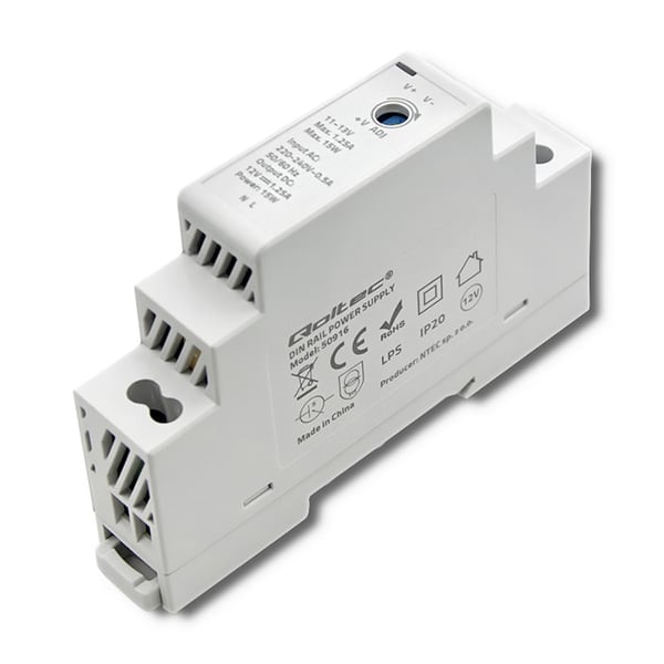 Qoltec DIN-kiskoon Asennusvirtalähde | 15 W | 12 V | 1,25 A | Harmaa