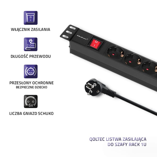 Qoltec PDU-jatkojohto 19" räkille | 1U | 16A | 6xSCHUKO | 2m