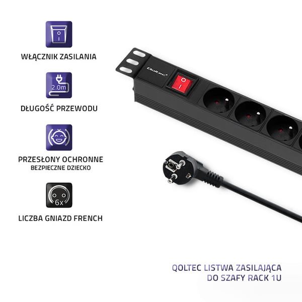 Qoltec PDU-grenuttag til 19'' RACK 1U 16A 6x FRENCH 2m