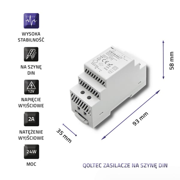 Qoltec DIN-kiskoon Asennusvirtalähde | 24 W | 12 V | 2 A | Harmaa