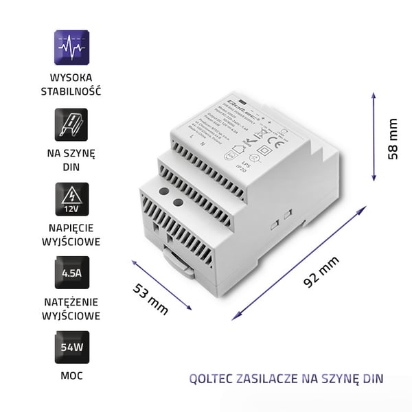 Qoltec DIN-skinnenetspænding | 54W | 12V | 4,5A | grå