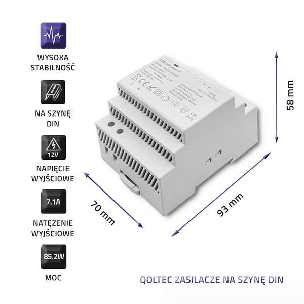 Qoltec DIN-skinne strømforsyning 85,2W 12V 7,1A grå