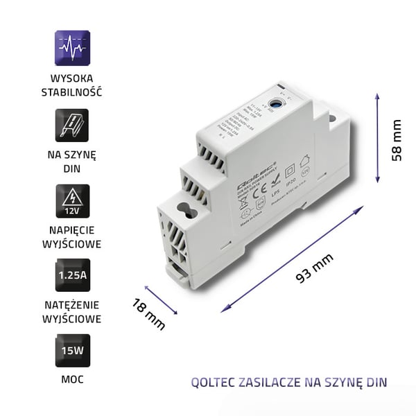 Qoltec DIN-kiskoon Asennusvirtalähde | 15 W | 12 V | 1,25 A | Harmaa