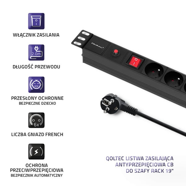 Qoltec PDU-stikdosenslæbe med overbelastningsbeskyttelse til 19" RACK | 1U | 16A | 6x fransk | 2m