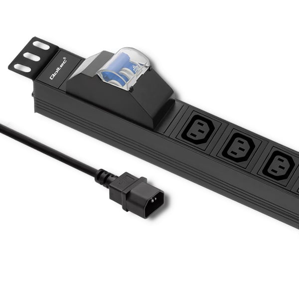 Qoltec PDU-jatkojohto ylikuormitussuojalla 19" räkille | 1U | 10A | 8xIEC C13 | C16-sulake | 2m