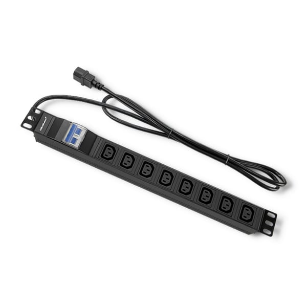 Qoltec PDU-jatkojohto ylikuormitussuojalla 19" räkille | 1U | 10A | 8xIEC C13 | C16-sulake | 2m