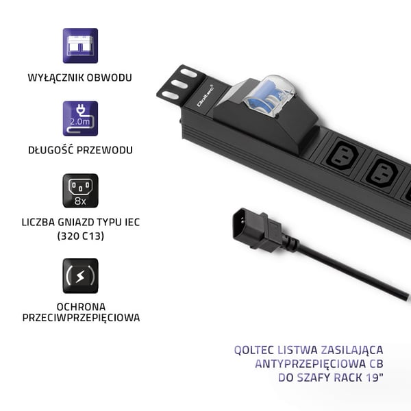 Qoltec PDU-jatkojohto ylikuormitussuojalla 19" räkille | 1U | 10A | 8xIEC C13 | C16-sulake | 2m