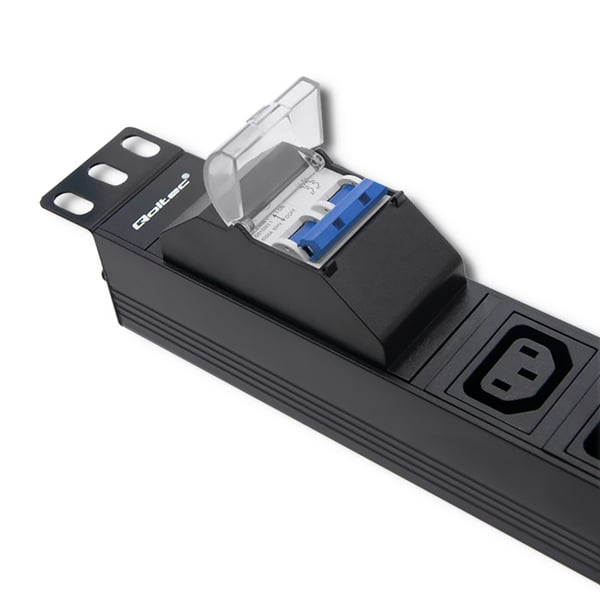 Qoltec PDU-jatkojohto ylikuormitussuojalla 19" räkille | 1U | 10A | 8xIEC C13 | C16-sulake | 2m