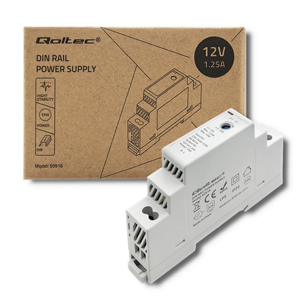 Qoltec DIN-kiskoon Asennusvirtalähde | 15 W | 12 V | 1,25 A | Harmaa