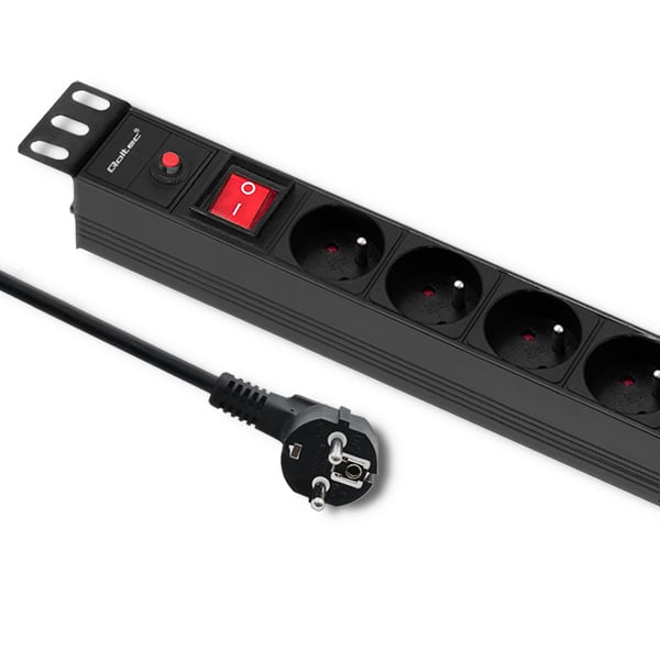 Qoltec PDU-jatkojohto ylikuormitussuojalla 19" räkille | 1U | 16A | 8xFRENCH | 2m